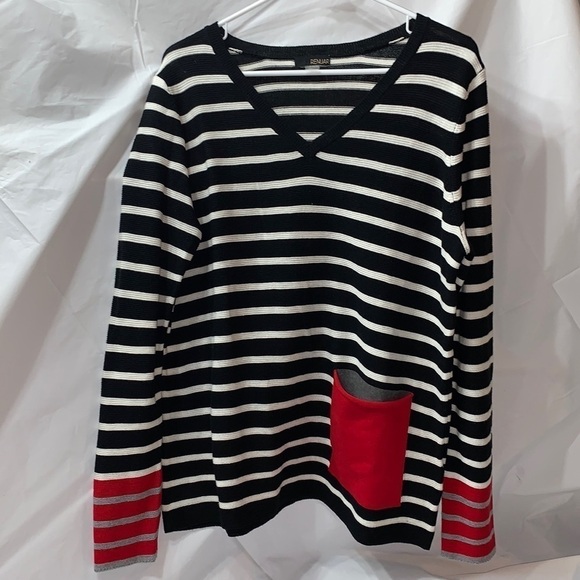 RENUAR Black and White Stripe with Red Pocket knit Sweater V Neck Size M - Picture 1 of 4